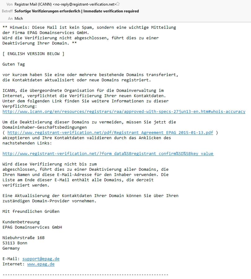 ICANN Bestätigungsmail